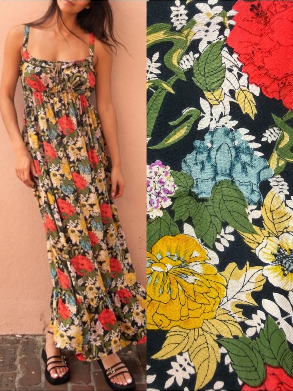 Natural Life Elizabeth Maxi Dress Black Red Poppy Floral Bohemian Hippie Boho - Picture 3 of 11
